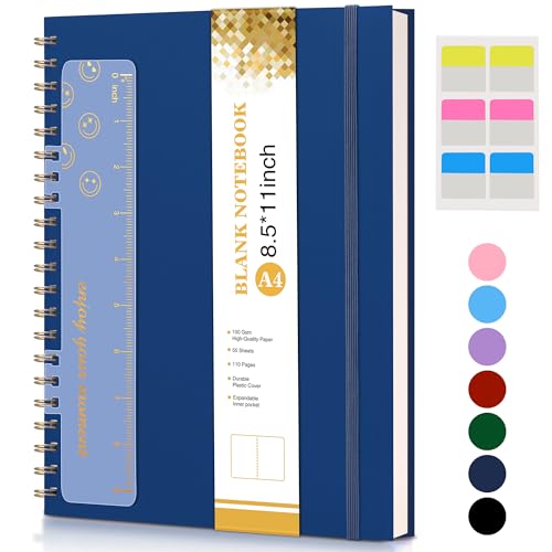 Blank Notebook, Spiral Notebook Journal 8.5” x 11”, A4 Large Blank Notebooks for Women Men, 100 GSM Paper, Plastic Hardcover Spiral Blank Journals for Writing Work School Sketching Business, Navy