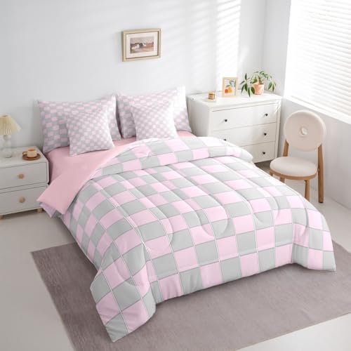 Image of Erosebridal Pink and Grey Girls King Comforter Set 7 Piece Cute Checkered Bedding Sets with Sheets for Kids Teen Women,Geometric Grids Plaid Bed in A Bag Bedroom Decor,Gingham Bed Set
