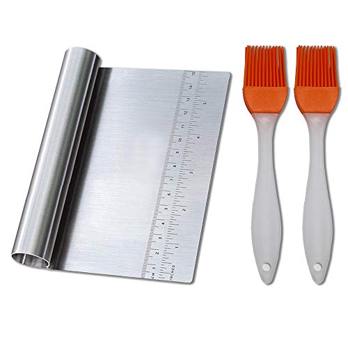 Stainless Steel Dough Pastry Scraper/Cutter with Etched Scales, Multipurpose Kitchen Baking Tool for Cake Pizza Pastry Bread Cutter+2 Silicon Brushes