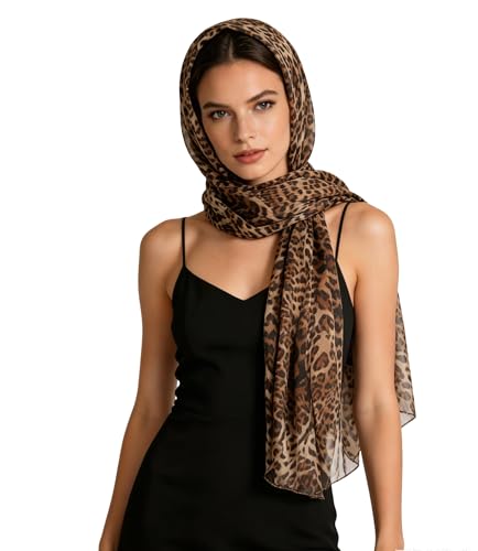 Leopard Print Long Scarf for Women – Lightweight Chiffon Cheetah