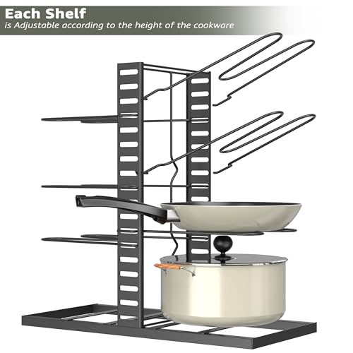 Image of Amazon Brand - Umi Pot & Pan Organizer Rack for Cabinet - Stackable Adjustable Cookware Organizer with Pot Lid Holder, Heavy-Duty Pan Rack for Kitchen Cabinet Storage