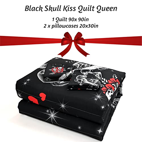 Zhh E-Commerce Skull Bedding Queen Skeleton Kiss Rose Duvet Set Flower Couple Comforter For Girl Boy Soft Black Quilt Gift 1 Duvet And 2 Pillowcases #TOP5