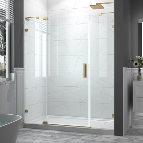ComfyStyle 56-60' W x 70' H Frameless Pivot Shower Door, 5/16'(8mm) Clear SGCC Tempered Glass Shower Doors, Brushed Gold Hinged Shower Glass Door, Reversible Installation