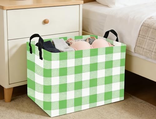 Image of Rectangular Kids Baskets Green grid Basket Cute Storage Bins Organizer Box Boys Room Decor for Home.(Green grid)