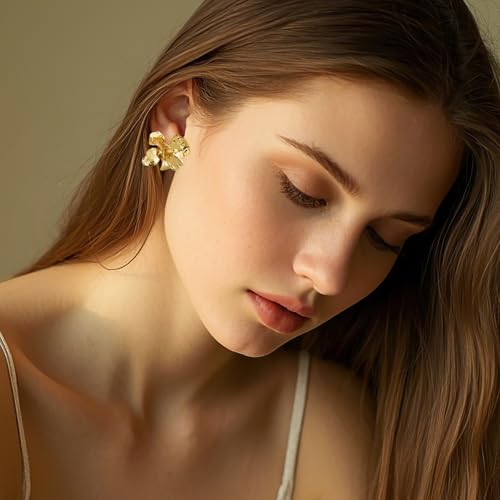 Gold 3D Statement Chunky Flower Earrings, Hypoallergenic 925 Sterling Silver Stud, Summer Spring Fancy Vintage Jewelry for Women2