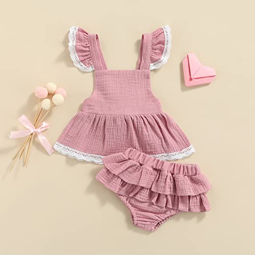 Fernvia Newborn Baby Girl Summer Clothes 3 6 9 12 18 Months Cute Lace Sleeveless Skirt & Ruffle Shorts Infant Skirt Outfits 2Pcs (Purple Pink, 3-6 Months) #TOP3