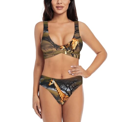Maillot de bain 2 pièces motif girafe imprimé savane pour femme
