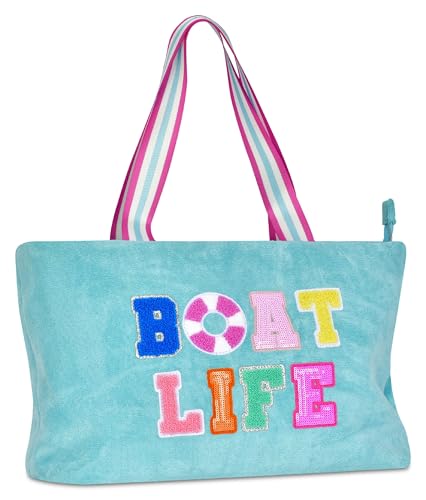 iscream 18" x 10.5" Soft Terry Travel Tote Bag with Chenille Appliques, Dual Handles and Zipper Closure - Boat Life2