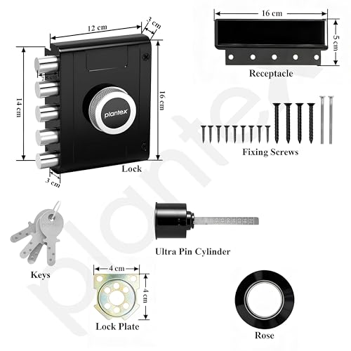 Image of Plantex Stainless Steel Door Cylinder Lock /Main Door Deadbolt Lock Five Bullets /Door Lock Set with 4 Pin Cylindrical Keys - Pack of 1 (Penta, Black)