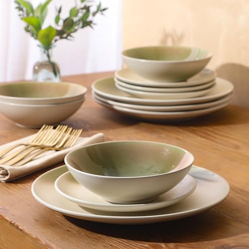 Gibson Elite Crescenton Plates and Bowls Sets, 12-Piece Green Stoneware Dinnerware Sets, Round Reactive Glaze Dish Set by Gibson Elite - Image 2