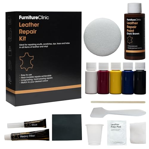 Furniture Clinic Kit Completo de Reparación de Cueros - 12 Opciones de Colores para Sofás, Asientos de Coche - Remienda, Rellena y Retoca Arañazos, Desgarros y Otras Áreas Dañadas (Marrón Oscuro)