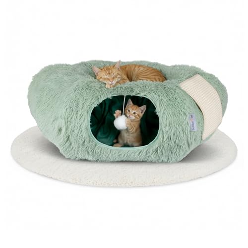 3-in-1 Katzentunnel mit Katzenbett & Kratzflächen | Flexibel nutzbarer Premium Katzentunnel aus weichem Plüsch als Katzenhöhle, Katzenkorb & Katzenspielzeug | Waschbar | Mit Sisal Kratzmatte | Salbei
