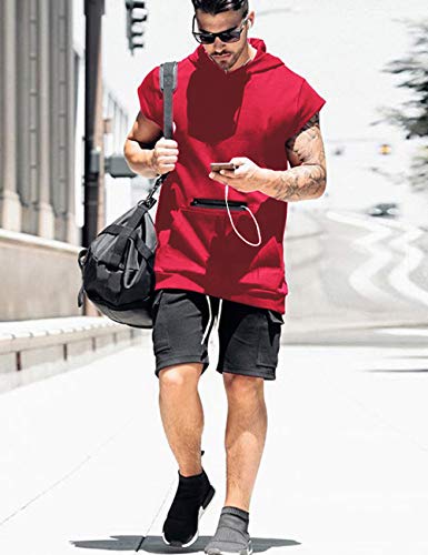 Men Workout Shirt Short Sleeve T-Shirt Atheletic Hoodie Big Tall Clothes Red M #TOP2