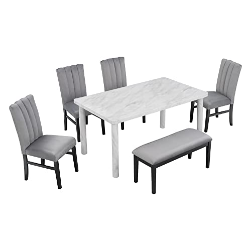 6-Piece Dining Table Set With Marble Veneer Table Wood Rectangular Counter Dining Table With 4 Flannelette Upholstered Dining Chairs & Bench For Kitchen, Dinning Room (White+Grey) #TOP3