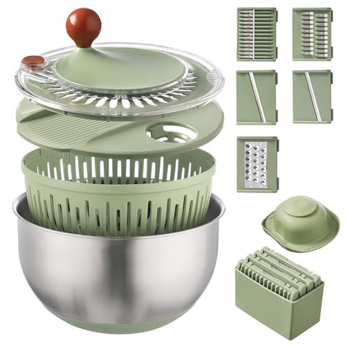 Stainless Steel Salad Spinner with Blades Slicer, Medium-sized Lettuce Veggie Fruit Spinner and Strainer, Multipurpose Vegetable Washer Dryer with Lid, Dishwasher Safe,slicing tools and shreds tools