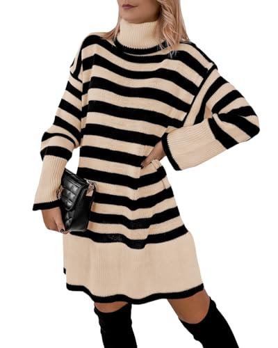 Imily Bela Vestido de punto para mujer, a rayas, cuello alto, man...