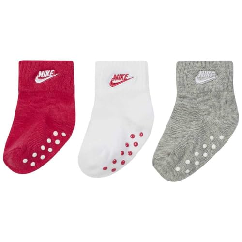 NIKE Children's Apparel Baby Ankle Gripper Socks (3 Pairs), Pink/White/Grey, 6/12M