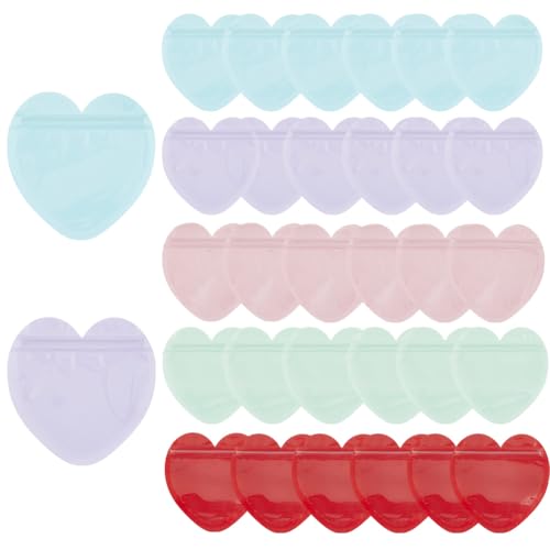 SOFPLATE 100Pcs 5 Colors 3.9 x 3.9 Inch Heart Shaped Jewelry Pouches Ziplock Packaging Bags Self Seal Plastic Pink Colorful Resealable Clear Gift Bag for Small Business Earrings Jewelry Storage Holder