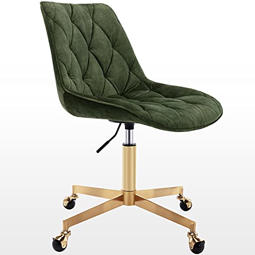 Zesthouse Armless Rolling Desk Chair with Wheels, Velvet Home Office Chair with Gold Base, Height Adjustable Modern Computer Task Chair, Upholstered Swivel Desk Chair, Cute Vanity Chair, Green