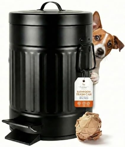 Autumn Alley Small Farmhouse Bathroom Trash Can, Pet Proof Matte Black Trash Can with Lid for Rustic Bathroom, Farmhouse Kitchen Step Waste Bin, Retro Metal Wastebasket 5L/1.3 Gal.