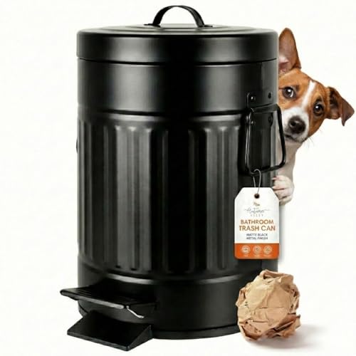 Image of Autumn Alley Small Farmhouse Bathroom Trash Can, Pet Proof Matte Black Trash Can with Lid for Rustic Bathroom, Farmhouse Kitchen Step Waste Bin, Retro Metal Wastebasket 5L /1.3 Gal.