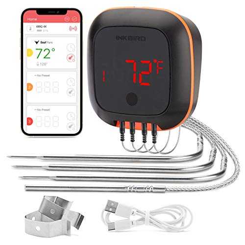 Inkbird Grill Thermometer,Bluetooth Smoker Thermometer,Cooking Digital BBQ Thermometer with 150 FT,Alarm and Timer Kitchen Meat Thermometer for Grilling,Roasting,Oven,3 Meat Probes and 1 Oven Probe