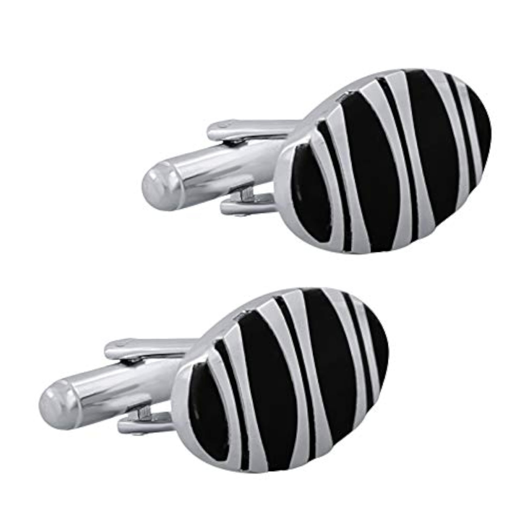 Men's Oval Black & Silver Rhodium Cufflinks, Gift Box Included