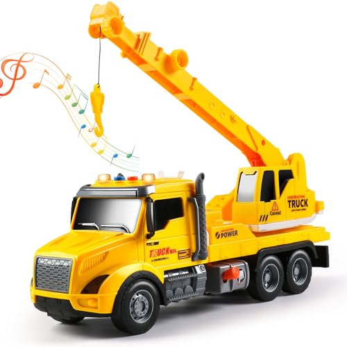 DWIRCTOYS Crane Truck Toy for Kids Ages 3-7, Kids Toys Friction Powered Construction Vehicle with Extendable Arm, Rotating Crane, Lights and Sounds Birthday Gifts for Boys Girls