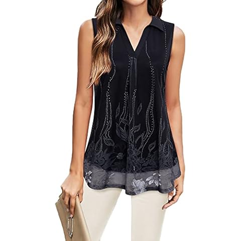 Triratna Women's V Neck Sleeveless Summer Tank Blouse Casual Double Layers Mesh Collared Tunics Tops Black,M Cover