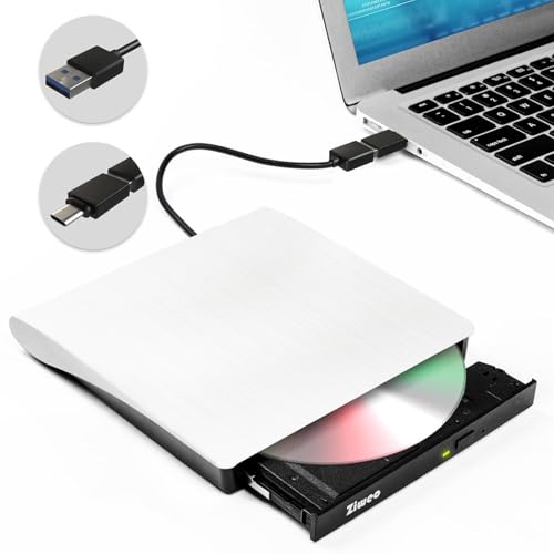 Image of Ziweo External DVD Drive USB 3.0 Type-C Portable CD DVD + /-RW Drive for Laptop DVD Player CD ROM Rewriter Burner Compatible with Laptop Desktop PC Windows MacBook Mac Linux Mac OS Upgrade White