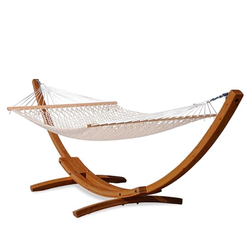 Lazy Daze Hammocks 12 FT Double Rope Hammock and 13 FT Brown Wooden Arc Stand 2 Person Hand Woven Cotton Hammock with Spreader Bar for Outdoor Patio Poolside 450 lbs Capacity Natural