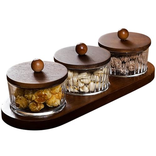 ANQIA Round Glass Snackle Box Container Snack Organizer and Fruit Platter with Acacia Wood Lids and Tray Divided Serving Tray for Nuts Candy Dry Fruits (3 Jars)