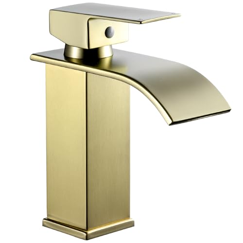 Peppermint Basin Taps Mixers Waterfall Brushed Gold Bathroom Sink Mixer Tap Square Monobloc 1 Hole with G1/2 Hoses Modern Cloakroom Taps Golden Mono Lead-Free Stainless Steel