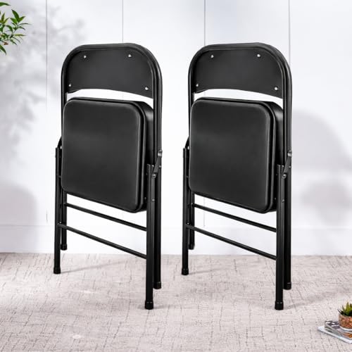 Image of MLU Set of 2 Folding Chairs with Padded Seat & Backrest, Heavy-Duty Steel Frame, Portable & Compact Foldable Chairs, Waterproof Vinyl Cushion, No Assembly Required, Black