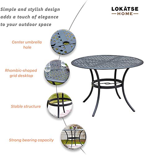 Lokatse Home 5-Piece Outdoor Patio Metal Dining Set With Iron Armrest Cushioned Chairs And Steel Round Table With Umbrella Hole, Grey Dining Set #TOP1