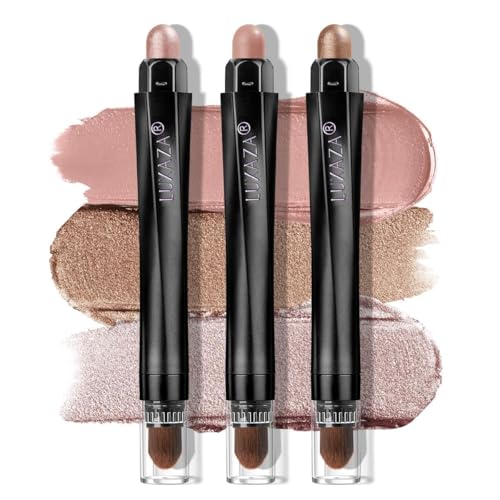 LUXAZA PRO Brown Eyeshadow Stick Makeup 3PCS Set, Neutral Shimmer and Matte Cream Eye Shadow, Metallic Bronze Smoky Eyeliner Brightener Pencil Crayon Kit, Gift for Women - Rosewood Bloom