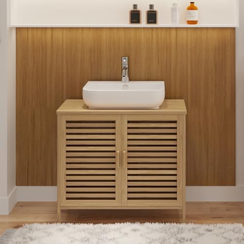 Bellamio Newa Waschbeckenunterschrank Bambus – Badezimmer Unterschrank für Waschbecken mit 2 Türen – Badunterschrank mit 2 Fächern – Waschtischunterschrank Bad 60x65x33 cm