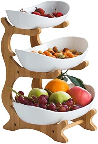 Ceramic Oval Tiered Serving bowls Tray Set，White 3 Tier Ceramic Fruit Bowl with Bamboo Wood Stand for Sushi, Dessert, Fruit, Vegetables, Appetizer, Cake, Candy, Chip Dip