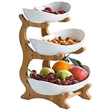 Ceramic Oval Tiered Serving bowls Tray Set，White 3 Tier Ceramic Fruit Bowl with Bamboo Wood Stand f