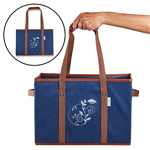 Liviable Reusable Grocery Shopping Bags, Foldable, Heavy Duty Tote, Box Bags With Long Handles And Solid Bottom, Large - Set Of 3, Navy Blue #TOP7