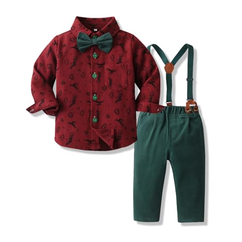 Image of Christmas Toddler Kids Boys Gentleman Clothing Sets Long Sleeve Cartoon Bowtie Shirts+Suspenders Pants Suits