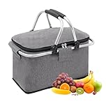 30 L Shopping Basket Cooler Bag Insulated Picnic Basket, Premium Extra Large Cooling Cooler Cool Bag, Collapsible Lunch Bag Box, for Camping/Outdoor Activities/Family Travel/BBQ/Shopping (Gray)