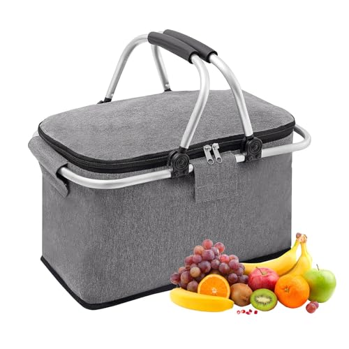 30 L Shopping Basket Cooler Bag Insulated Picnic Basket, Premium Extra Large Cooling Cooler Cool Bag, Collapsible Lunch Bag Box, for Camping/Outdoor Activities/Family Travel/BBQ/Shopping (Gray)