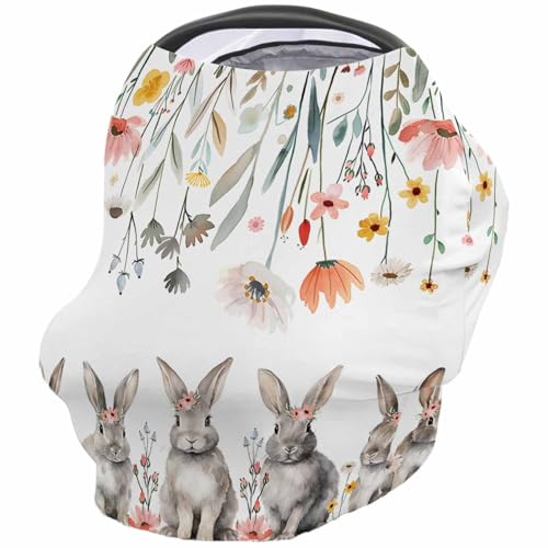 Nursing Cover for Breastfeeding Scarf, Cute Grey Bunny Spring Wildflowers Easter Baby Car Covers Super Soft Multi Use for Canopy Shopping Cart Cover Blanket Stroller Cover