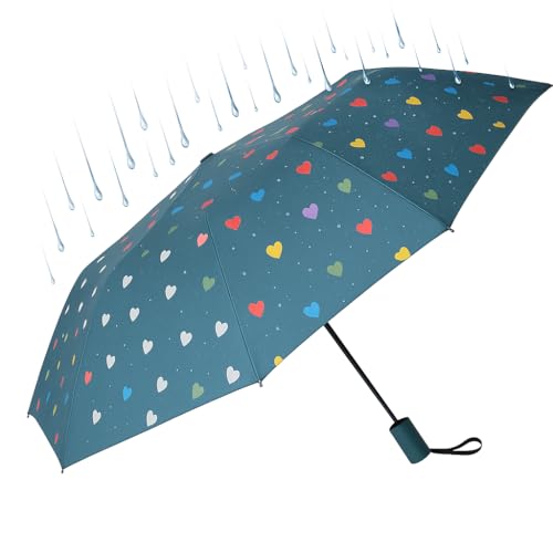 Genérico Paraguas Plegable Mágico con Diseño de Corazones, Cambia de Color con la Lluvia, Azul Marino 105 cm diametro (Verde)