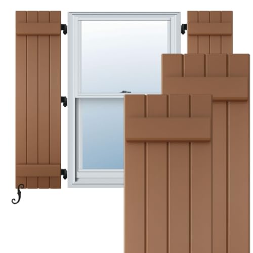 14"W x 55"H Americraft Four Board (2 Batten) Exterior Real Wood Joined Board-n-Batten Shutters (Per Pair), Burnt Toffee