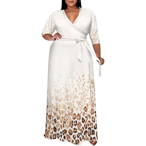 EQQZD Plus Size White Leopard Print Maxi Dress for Women Animal Print V Neck Wrap Dress 3/4 Sleeve Cocktail Church Long Dress with Belt 4X-Large Plus
