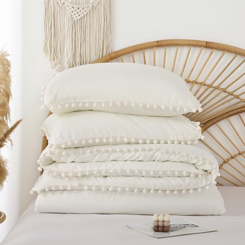 YIRDDEO Ivory Queen Ball Pom Fringe Comforter Set 3pcs, Boho Off White Aesthetic Luxurious Queen Bedding Set 3 Pieces, Vintage Ultra Soft Microfiber Comforter Set