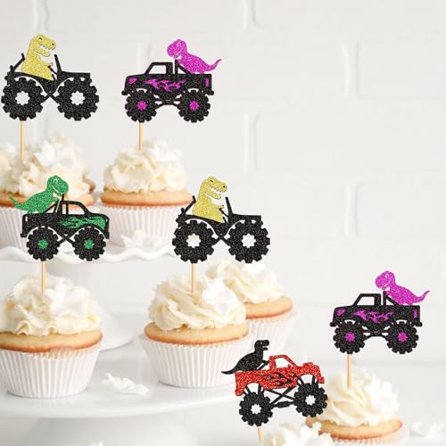 Cyodoos 24 Pcs Truck Car Cupcake Toppers Funny Monster Car With Dinosaur Cake Decors For Truck Birthday Party Supplies Truck Theme Party Baby Shower Party Decorations thumb #4