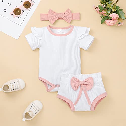 Kafiren Baby Girl Outfits 0-3 Months Newborn Girl Clothes Summer Outfits Romper Short Bloomers Pants Headband White 0-3 Months 60Cm #TOP1